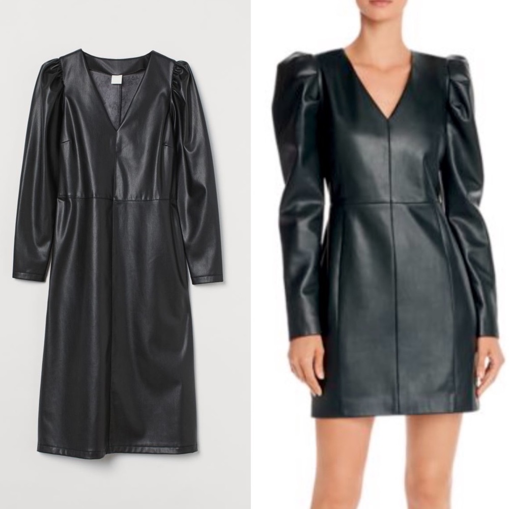 Vegan Leather Puff Sleeve Black Dress H&M Size Medium Faux Leather BNWT